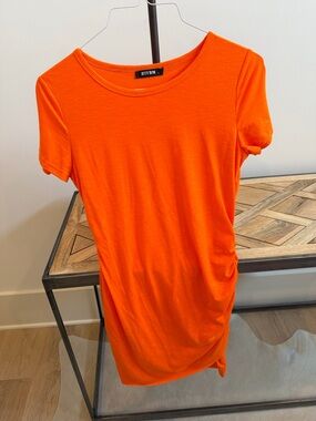 Bright Orange Short Sleeve Ruched Dress